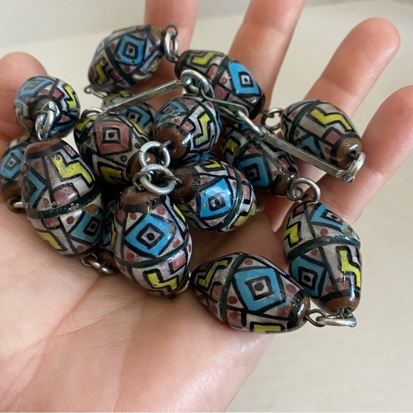 Vintage Hand Painted Glazed Clay Art Chunky Bead Necklace - Picture 11 of 16